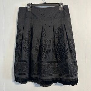 Black Pleated Velvet Trimmed Floral Print Midi Skirt Women's size 10